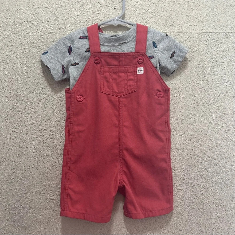 Carters Little Champ Overalls Set w/ Car T-shirt Size 12M